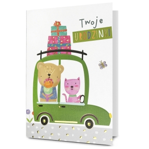 KARTKA URODZINOWA KOT I MIŚ W SAMOCHODZIE BIAŁA 19x13cm