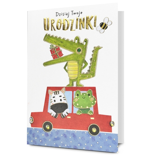 KARTKA URODZINOWA KROKODYL NA SAMOCHODZIE BIAŁA 19x13cm