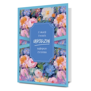 KARTKA URODZINOWA KWIATY NIEBIESKO-PASTELOWA 17x12cm