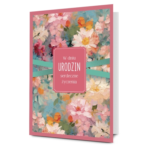 KARTKA URODZINOWA KWIATY RÓŻOWO-PASTELOWA 17x12cm