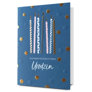 KARTKA URODZINOWA ŚWIECZKI GROSZKI GRANATOWA 19x13cm