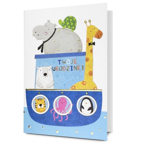 KARTKA URODZINOWA TWOJE URODZINKI ZWIERZĄTKA NA ŁODZI 19x13cm