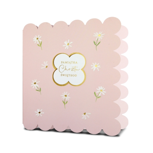 KARTKA CHRZEST ŚWIĘTY KWIATKI WYCIĘTA RÓŻOWA 18x16cm