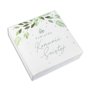 PUDEŁKO NA PAMIĄTKI KOMUNIJNE LISTKI BIAŁE 9x9cm