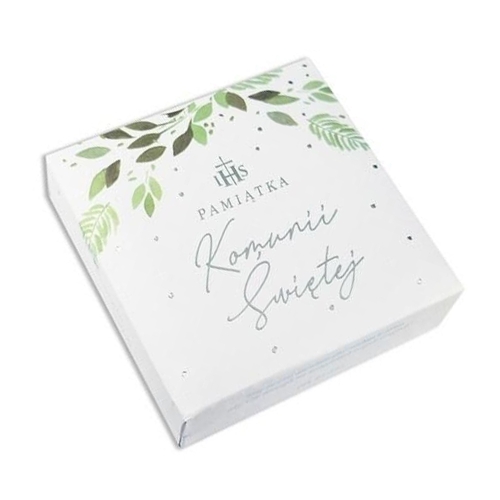 PUDEŁKO NA PAMIĄTKI KOMUNIJNE LISTKI BIAŁE 9x9cm