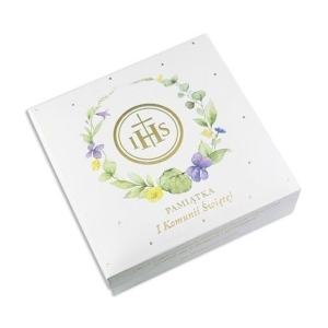 PUDEŁKO NA PAMIĄTKI KOMUNIJNE WIENIEC BIAŁE 9x9cm