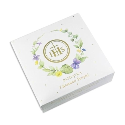 PUDEŁKO NA PAMIĄTKI KOMUNIJNE WIENIEC BIAŁE 9x9cm