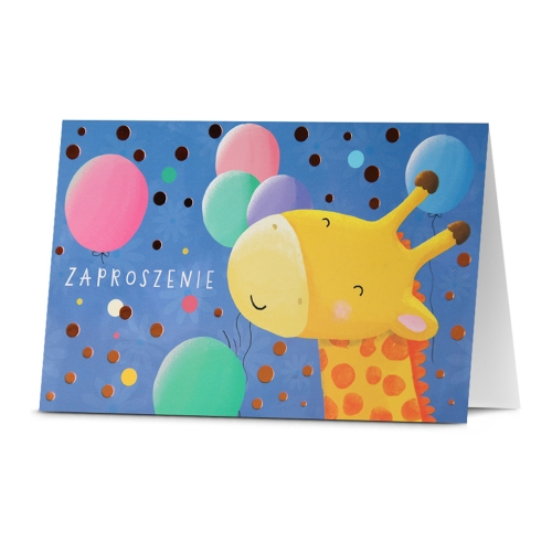 ZAPROSZENIA ŻYRAFA BALONY GROSZKI NIEBIESKIE 5szt