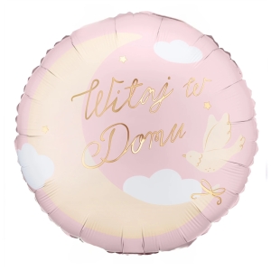 BALON PARTY DECO WITAJ W DOMU KSIĘŻYC CHMURKI OKRĄGŁY RÓŻOWY 18'' 45cm