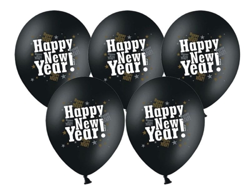 BALONY CZARNE HAPPY NEW YEAR BIAŁY 30cm 5szt
