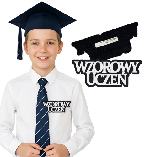 PRZYPINKA NAPIS WZOROWY UCZEŃ FILCOWY CZARNO-BIAŁY 10x4cm