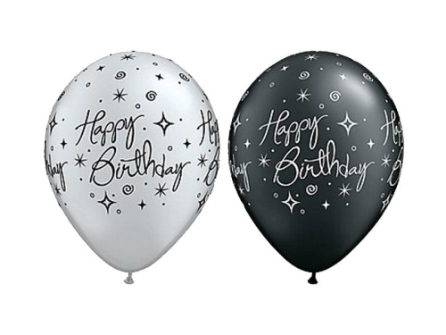 BALON SREBRNY/CZARNY HAPPY B-DAY 30cm 1szt