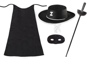 ZESTAW ZORRO CZARNY PELERYNA 90cm 4el